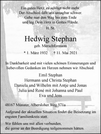 Anzeige von Hedwig Stephan 