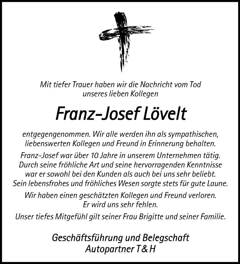  Traueranzeige für Franz-Josef Lövelt vom 01.05.2021 aus 