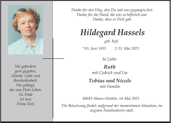 Anzeige von Hildegard Hassels 