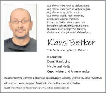 Anzeige von Klaus Betker 