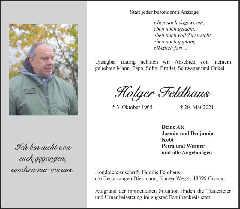  Traueranzeige für Holger Feldhaus vom 26.05.2021 aus 