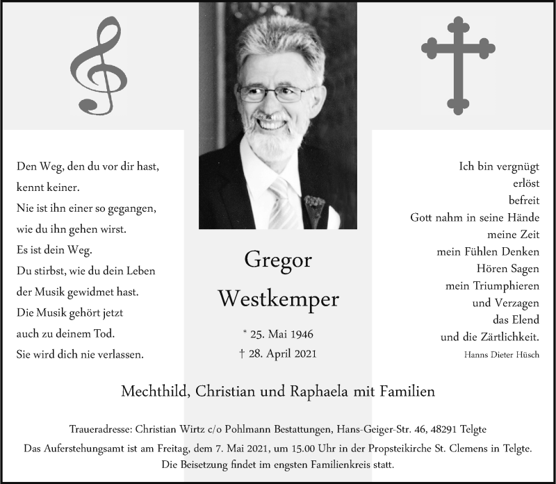  Traueranzeige für Gregor Westkemper vom 05.05.2021 aus 