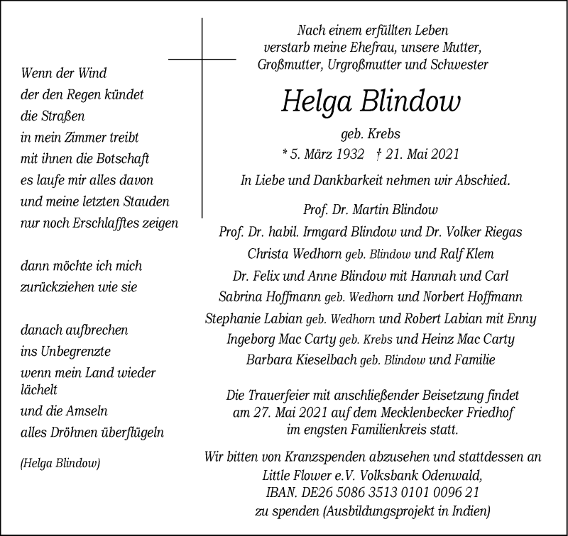  Traueranzeige für Helga Blindow vom 26.05.2021 aus 