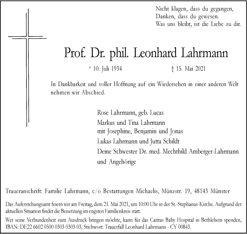  Traueranzeige für Leonhard Lahrmann vom 19.05.2021 aus 