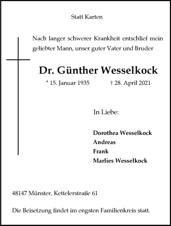 Anzeige von Günther Wesselkock 