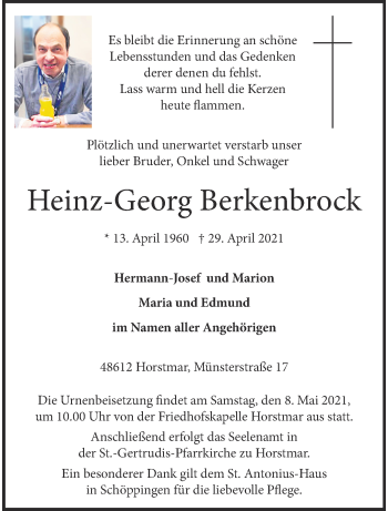 Anzeige von Heinz-Georg Berkenbrock 