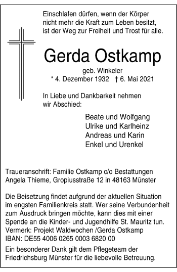 Anzeige von Gerda Ostkamp 