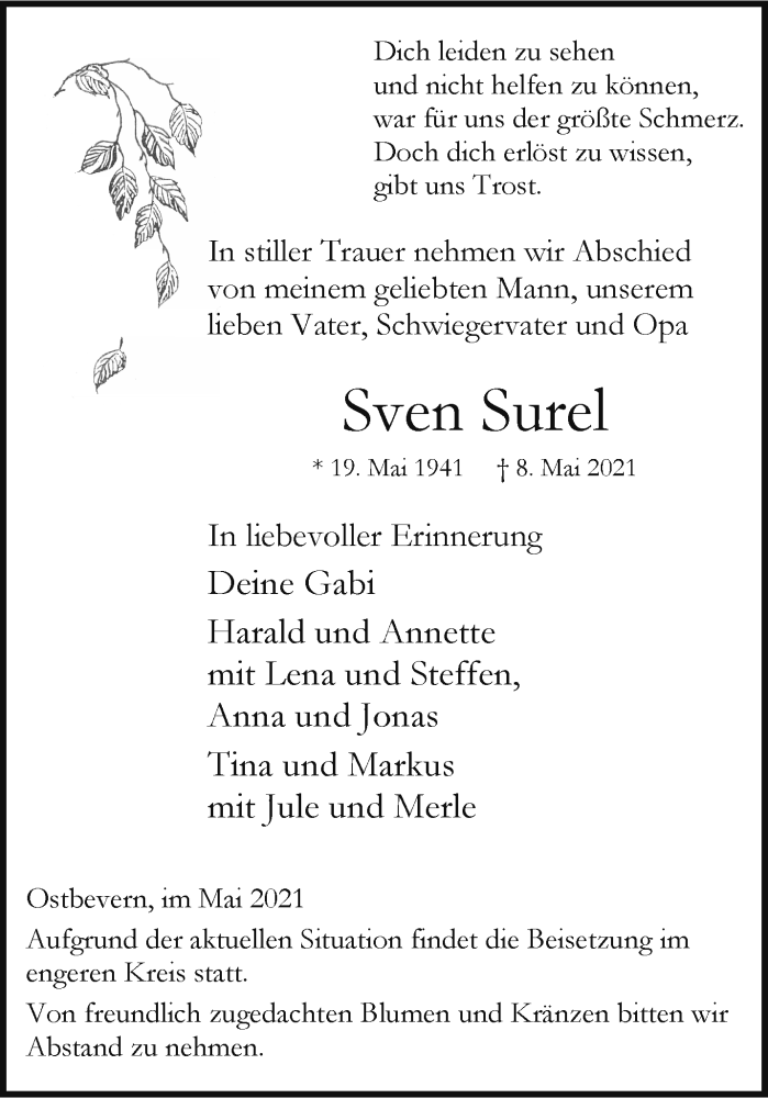  Traueranzeige für Sven Surel vom 15.05.2021 aus 