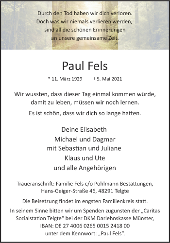Anzeige von Paul Fels 