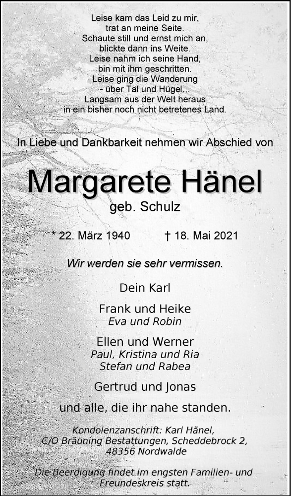  Traueranzeige für Margarete Hänel vom 22.05.2021 aus 