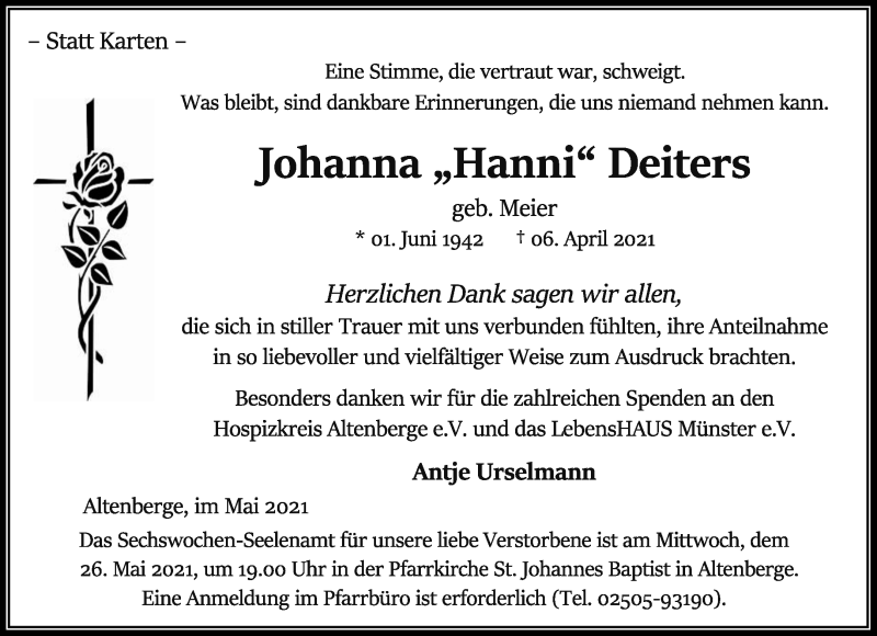 Traueranzeige für Johanna Deiters vom 22.05.2021 aus 