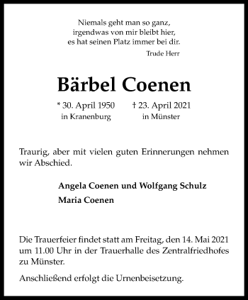 Anzeige von Bärbel Coenen 