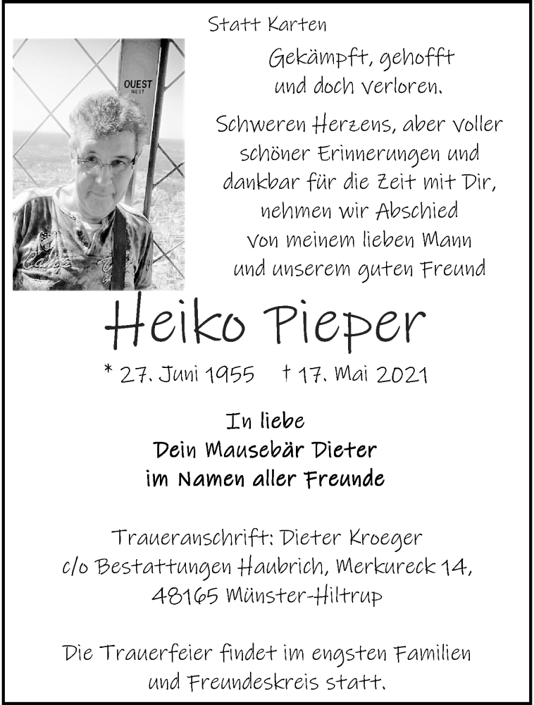  Traueranzeige für Heiko Pieper vom 29.05.2021 aus 