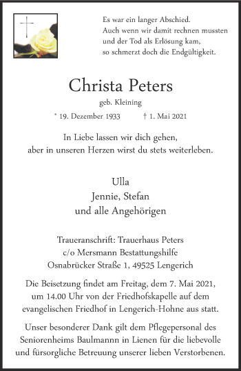 Anzeige von Christa Peters 