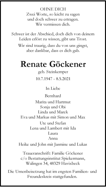 Anzeige von Renate Göckener 
