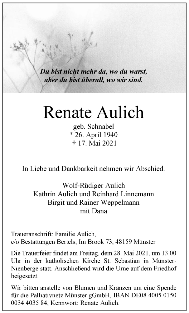  Traueranzeige für Renate Aulich vom 22.05.2021 aus 