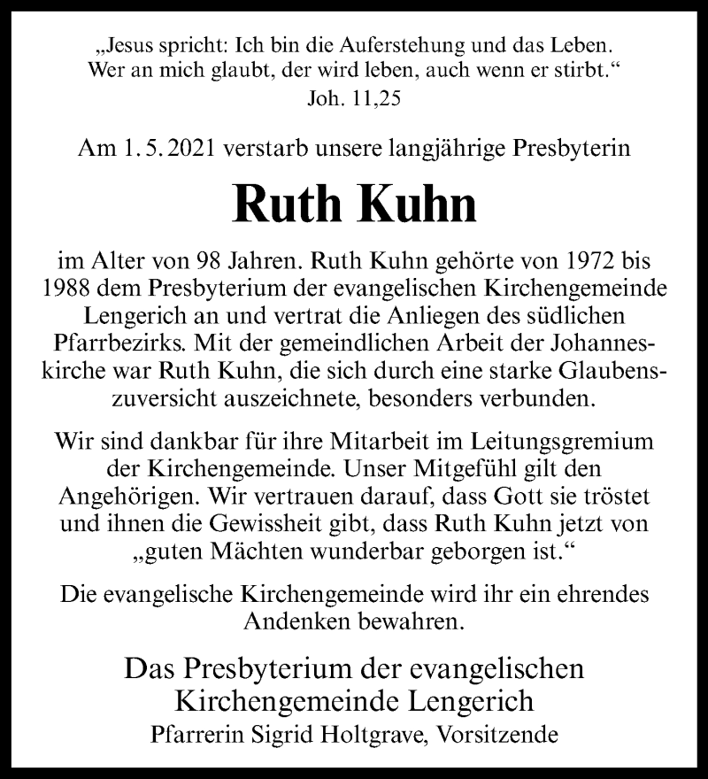  Traueranzeige für Ruth Kuhn vom 08.05.2021 aus 