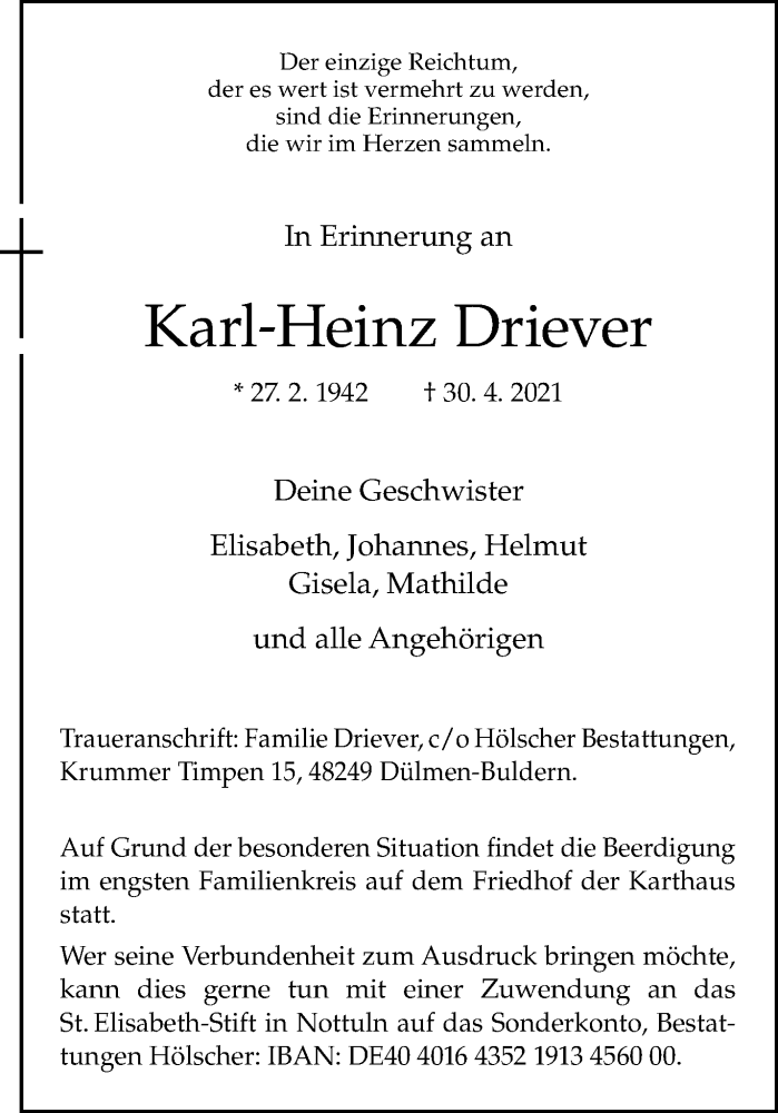  Traueranzeige für Karl-Heinz Driever vom 08.05.2021 aus 