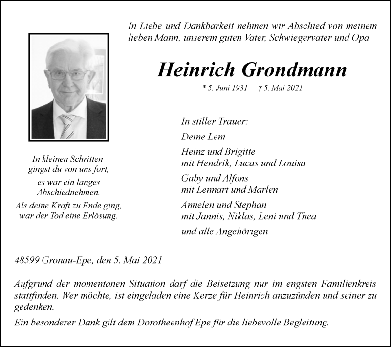  Traueranzeige für Heinrich Grondmann vom 08.05.2021 aus 
