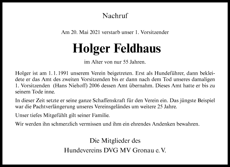  Traueranzeige für Holger Feldhaus vom 28.05.2021 aus 