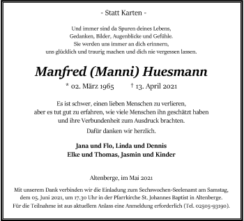 Anzeige von Manfred Huesmann 