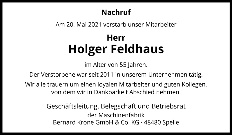  Traueranzeige für Holger Feldhaus vom 31.05.2021 aus 