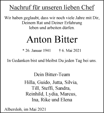 Anzeige von Anton Bitter 