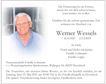 Anzeige von Werner Wessels 