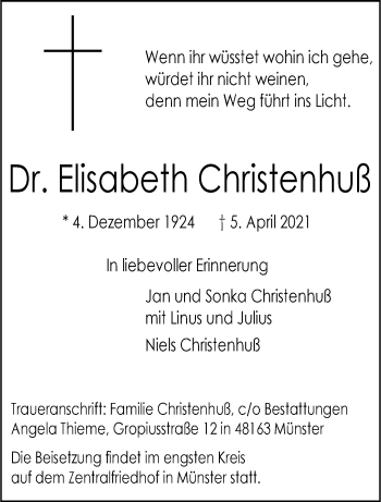 Anzeige von Elisabeth Christenhuß 