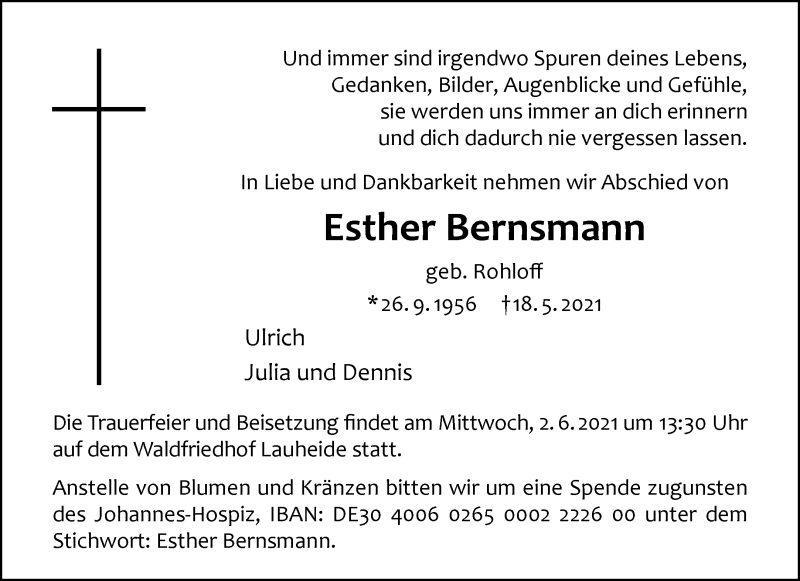  Traueranzeige für Esther Bernsmann vom 29.05.2021 aus 