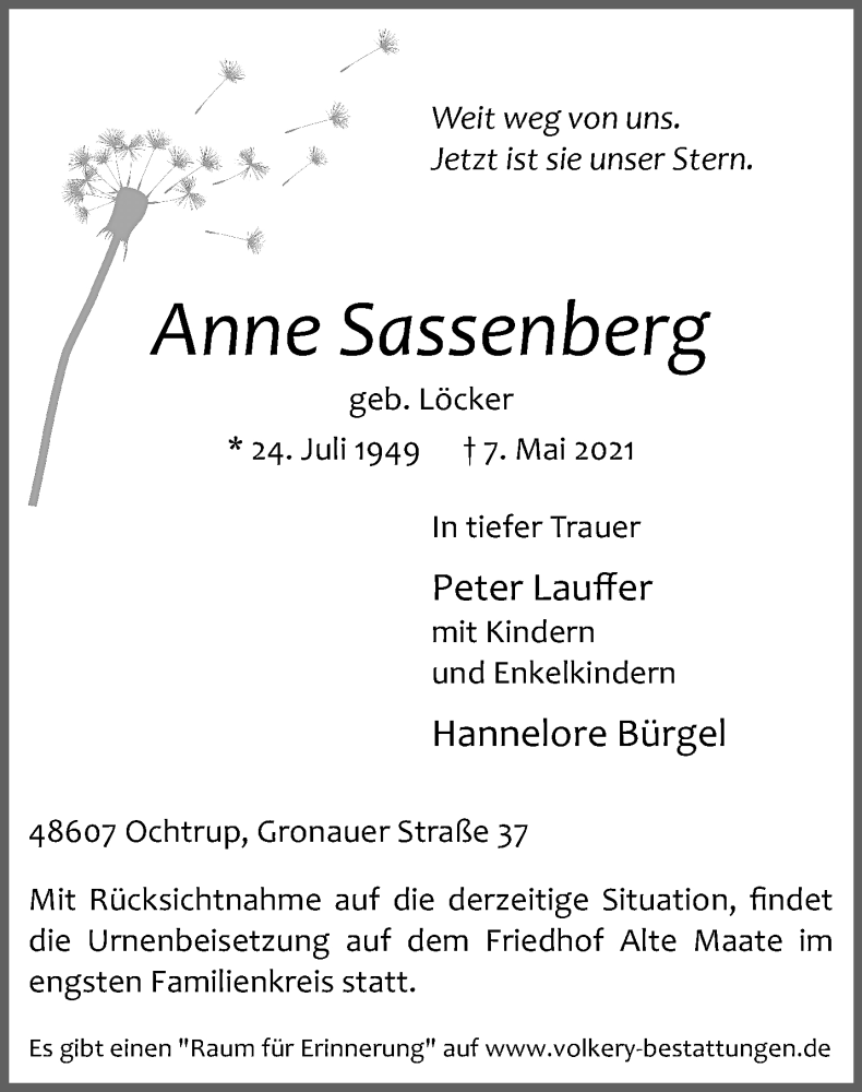  Traueranzeige für Anne Sassenberg vom 13.05.2021 aus 