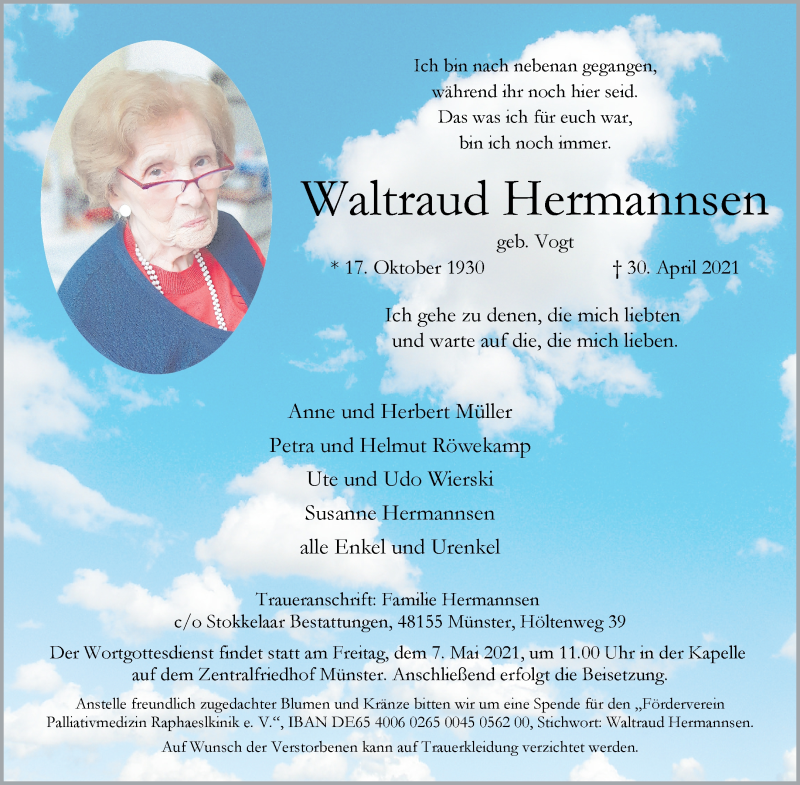  Traueranzeige für Waltraud Hermannsen vom 05.05.2021 aus 