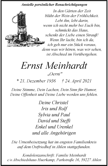 Anzeige von Ernst Meinhardt 