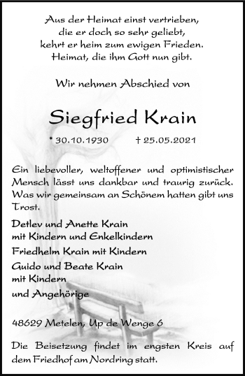 Anzeige von Siegfried Krain 