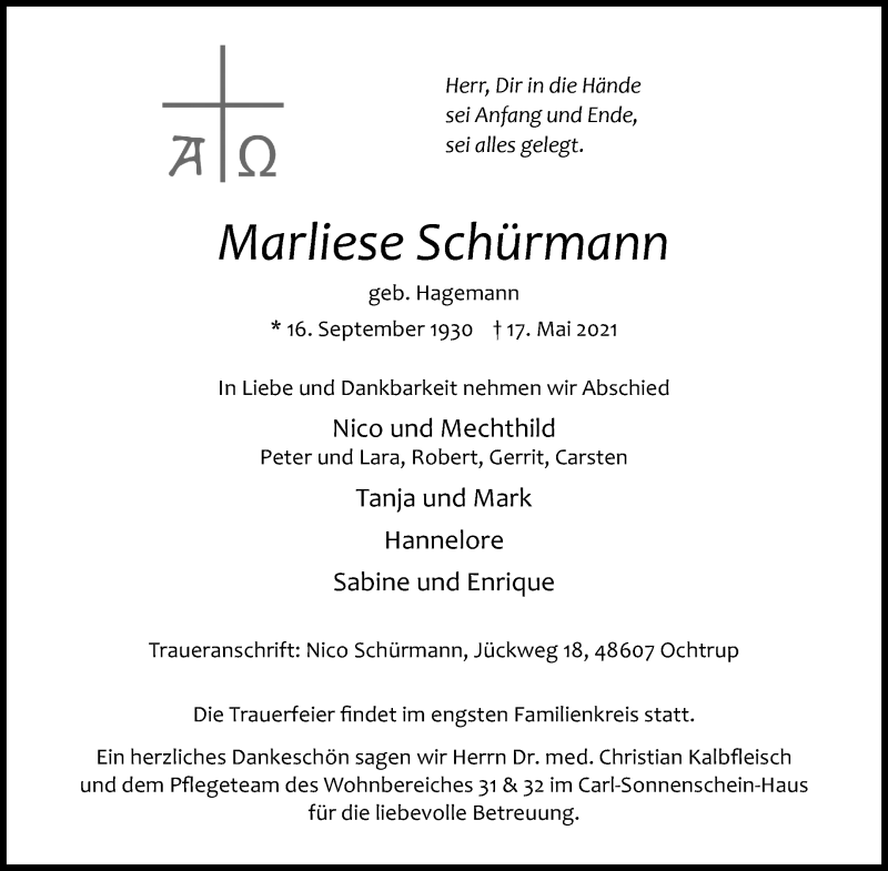  Traueranzeige für Marliese Schürmann vom 21.05.2021 aus 