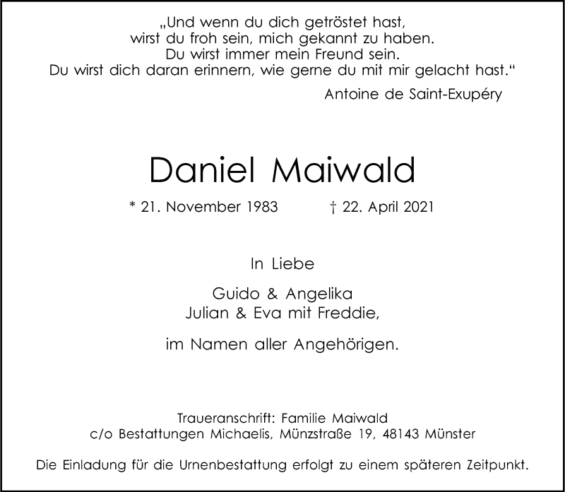  Traueranzeige für Daniel Maiwald vom 01.05.2021 aus 