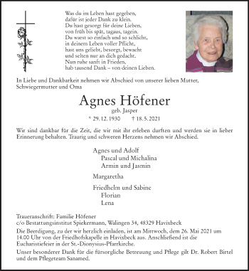 Anzeige von Agnes Höfener 
