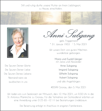 Anzeige von Anni Subgang 