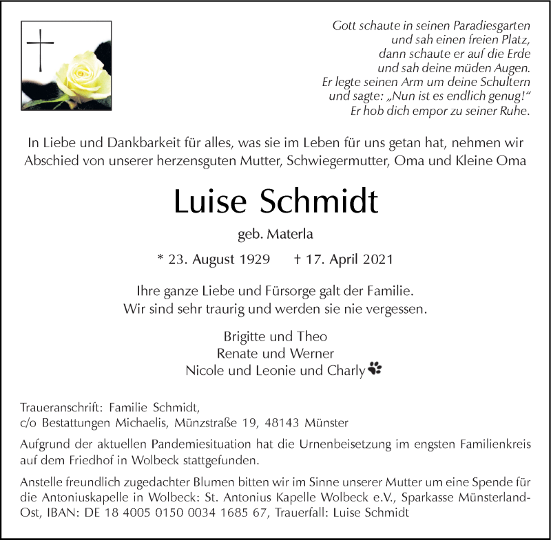  Traueranzeige für Luise Schmidt vom 01.05.2021 aus 