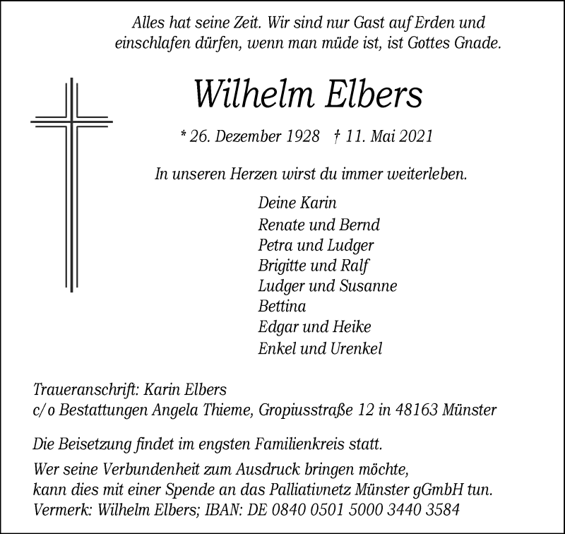  Traueranzeige für Wilhelm Elbers vom 15.05.2021 aus 