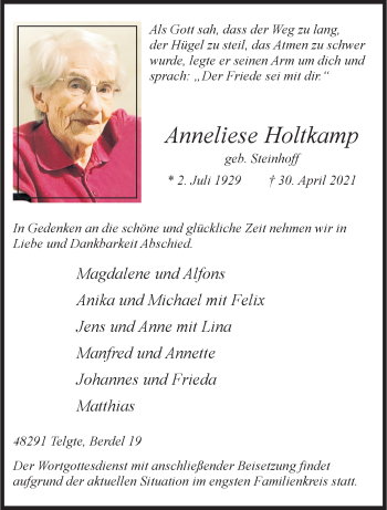Anzeige von Anneliese Holtkamp 