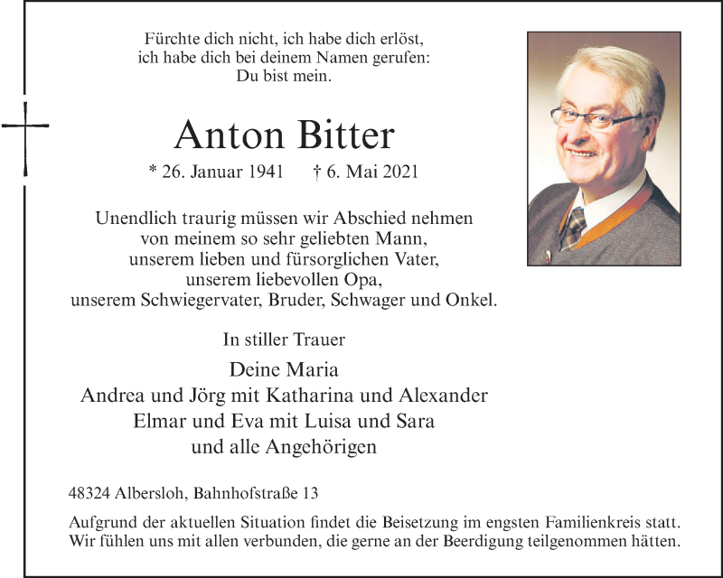  Traueranzeige für Anton Bitter vom 08.05.2021 aus 