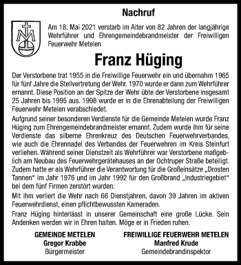 Anzeige von Franz Hüging 