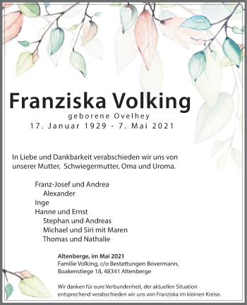 Anzeige von Franziska Volking 