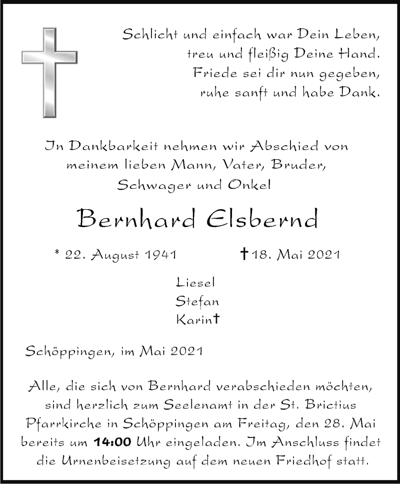  Traueranzeige für Bernhard Elsbernd vom 26.05.2021 aus 