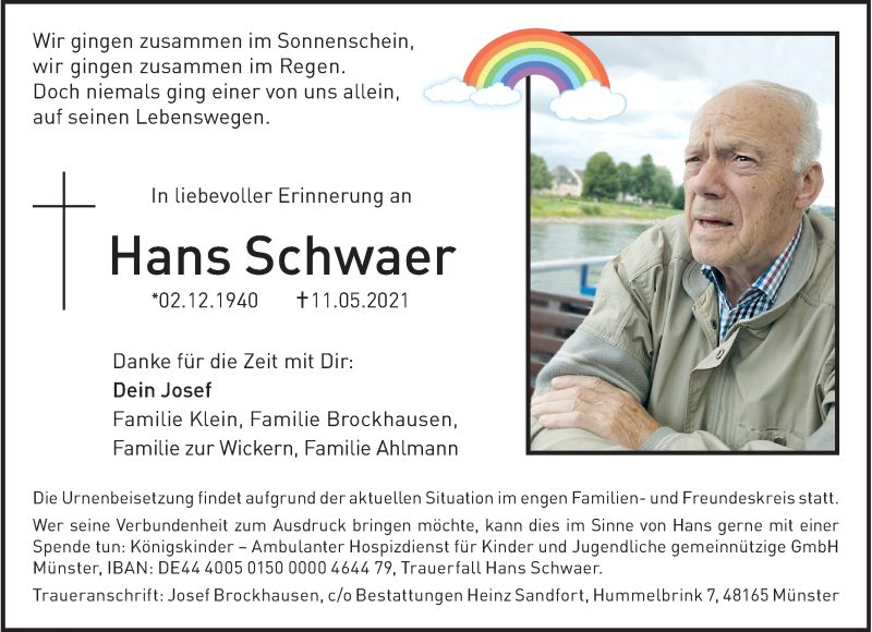  Traueranzeige für Hans Schwaer vom 22.05.2021 aus 