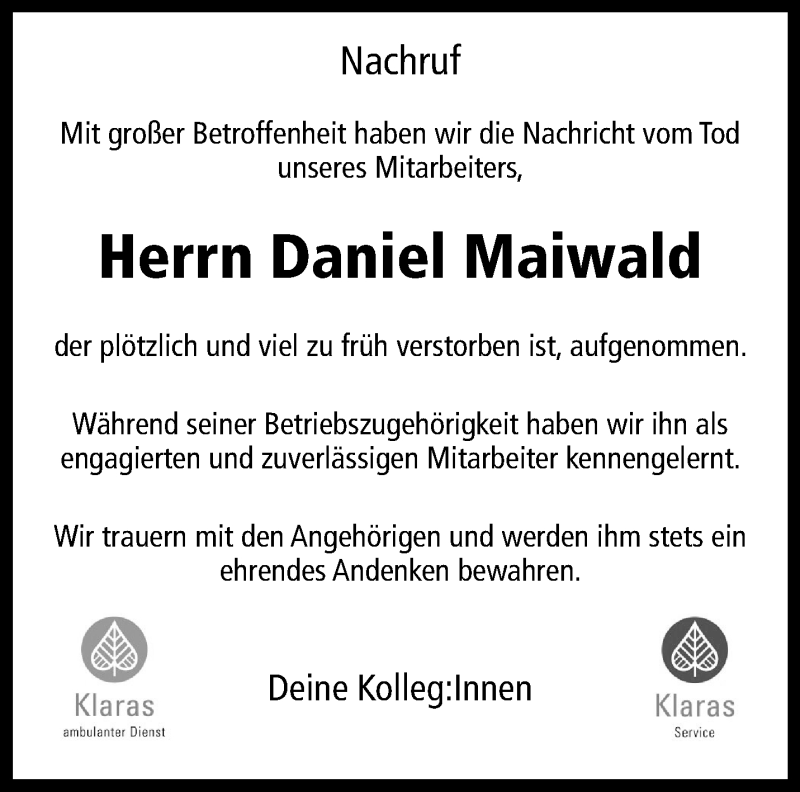  Traueranzeige für Daniel Maiwald vom 12.05.2021 aus 