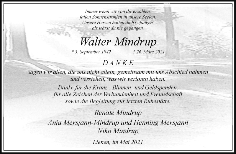  Traueranzeige für Walter Mindrup vom 15.05.2021 aus 