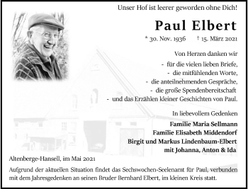 Anzeige von Bernhard Elbert 