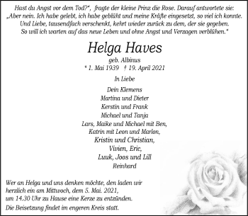 Anzeige von Helga Haves 